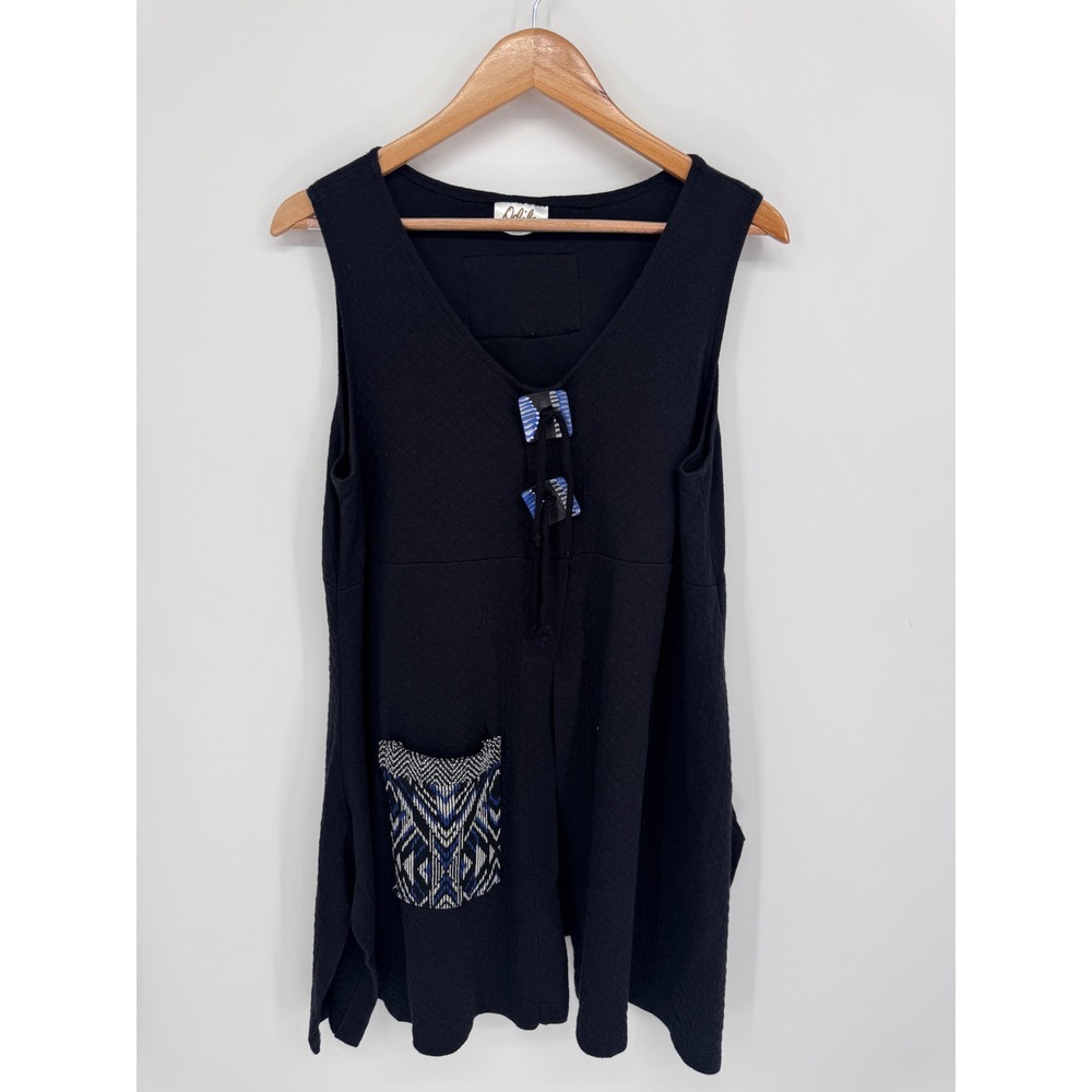 Odile Tunic Top Women M Black Textured Knit Artisan Boho Geometric Pocket Indie